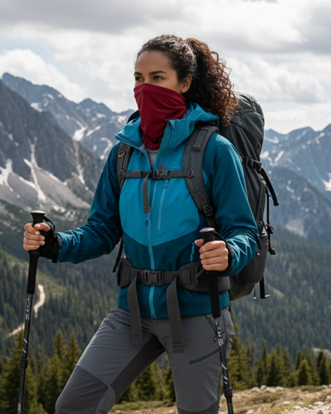 Hiker wearing a burgundy merino neck gaiter and teal jacket on a mountain trail, using trekking poles with alpine peaks in view.