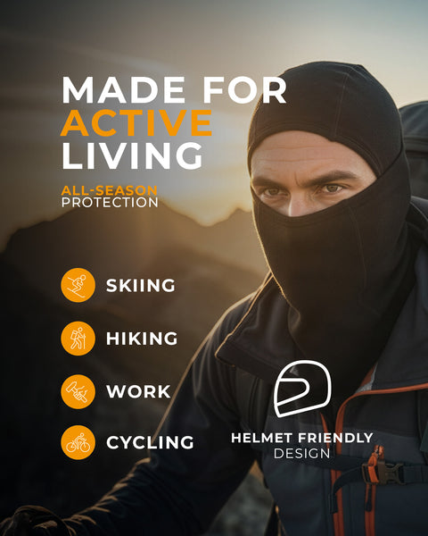 Persoon met helm en tekst over actief leven en producteigenschappen.
