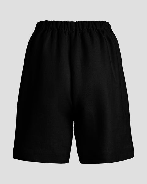 Packshot met de achterkant van linnen shorts met hoge taille.