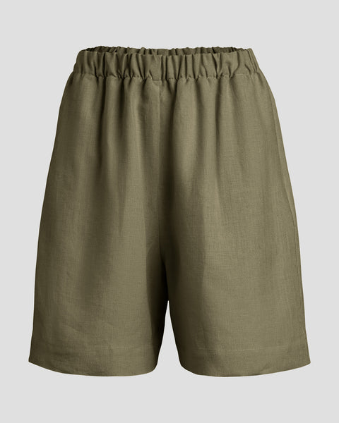 Linnen lange korte broek met een brede elastische tailleband.