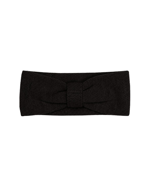 A flat product shot of a black knit winter headband with a gathered, ribbon-like bow design in the center.