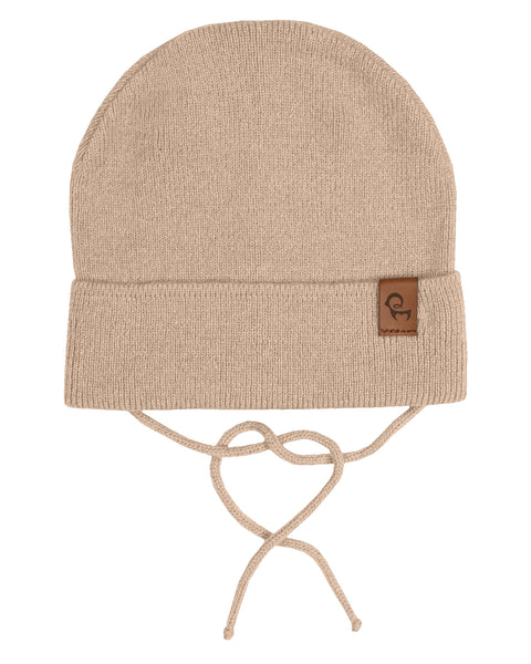Beige baby knit beanie with strings, cashmere blend, featuring tie straps and leather brand patch, by menique