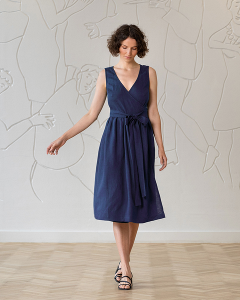 Linen Sleeveless Smock Dress Macie storm blue Color