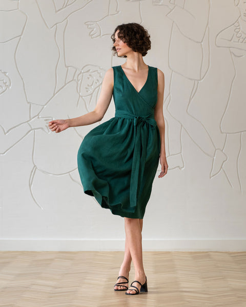 Linen Sleeveless Smock Dress Macie Dark Green Color