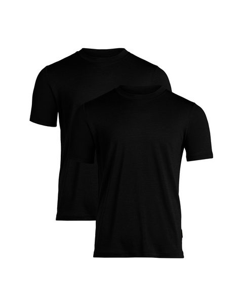 Twee zwarte herenshirts met korte mouwen van Merinowol, lichtgewicht 160gsm, klassieke ronde hals, perfect voor dagelijks gebruik, reizen of als laagje.