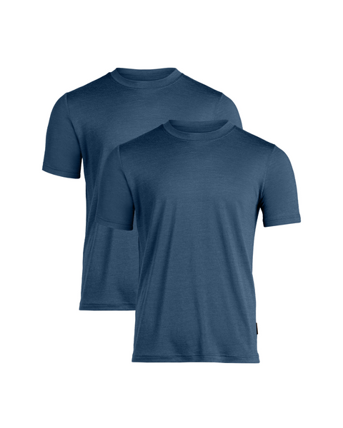 Twee heren T-shirts met korte mouwen in denimblauw van merinowol, zacht, vochtafvoerend en ideaal voor dagelijks of actief gebruik.