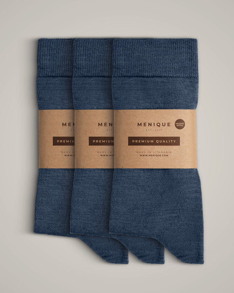 Heren 3-pack dunne sokken van merinowol in blauw – ademend, vocht afvoerend en duurzaam voor dagelijks comfort.
