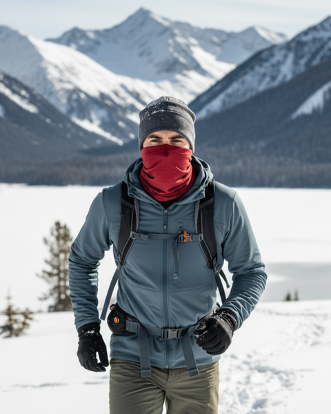 Man running in snowy mountains wearing a red Merino wool neck gaiter, winter gear, and a beanie, with snow-covered peaks in the distance.