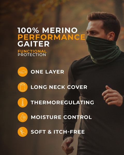 Person wearing a merino performance gaiter with features listed on the left.