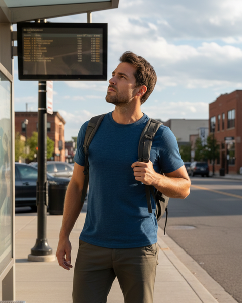 Man die een blauw merinowollen t-shirt draagt bij een bushalte in de stad met rugzak