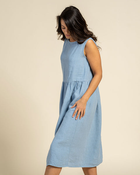 Linen Smock Dress Maya Cloudy Blue