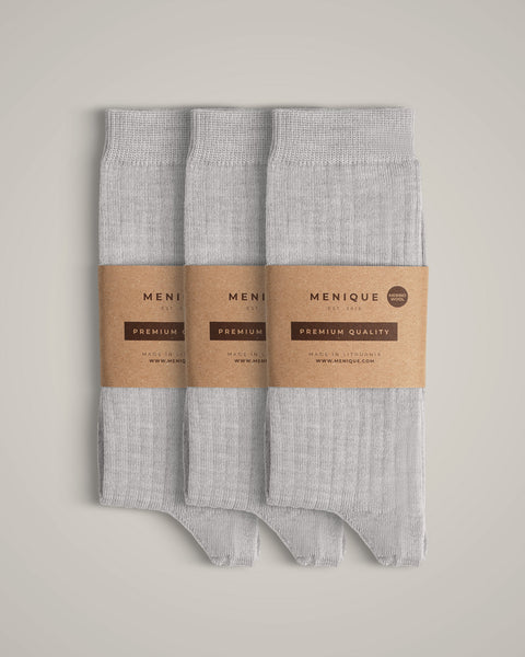 Women’s 85% Merino Wool Rib Thin Socks 3-Pack in Light Gray – soft, moisture-wicking, and comfortable ribbed socks.