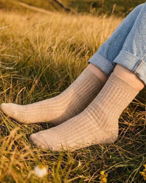 Beige ribbed crew socks for women soft breathable fabric comfortable everyday wear outdoors