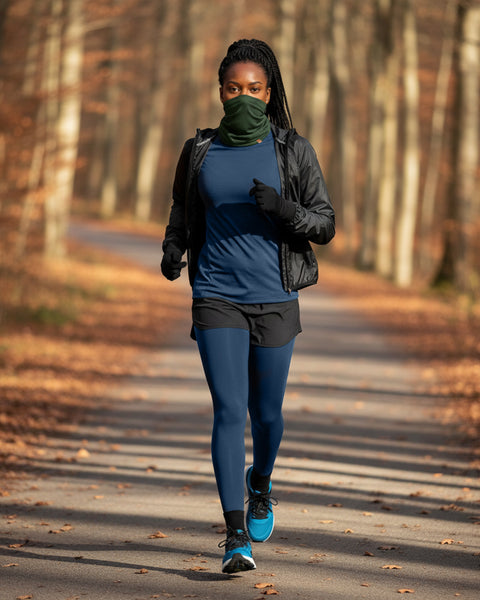 Woman running in a dark green merino neck gaiter with navy kit on a forested path, cool weather workout scene.