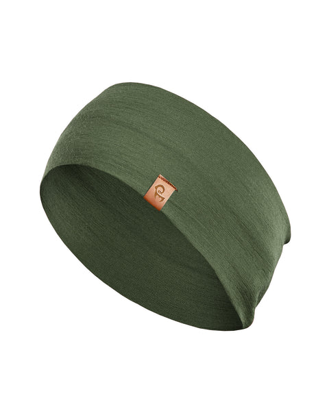 The picture features a unisex dark green menique merino headband in a white background. It has a small brown menique logo on the side at the front.