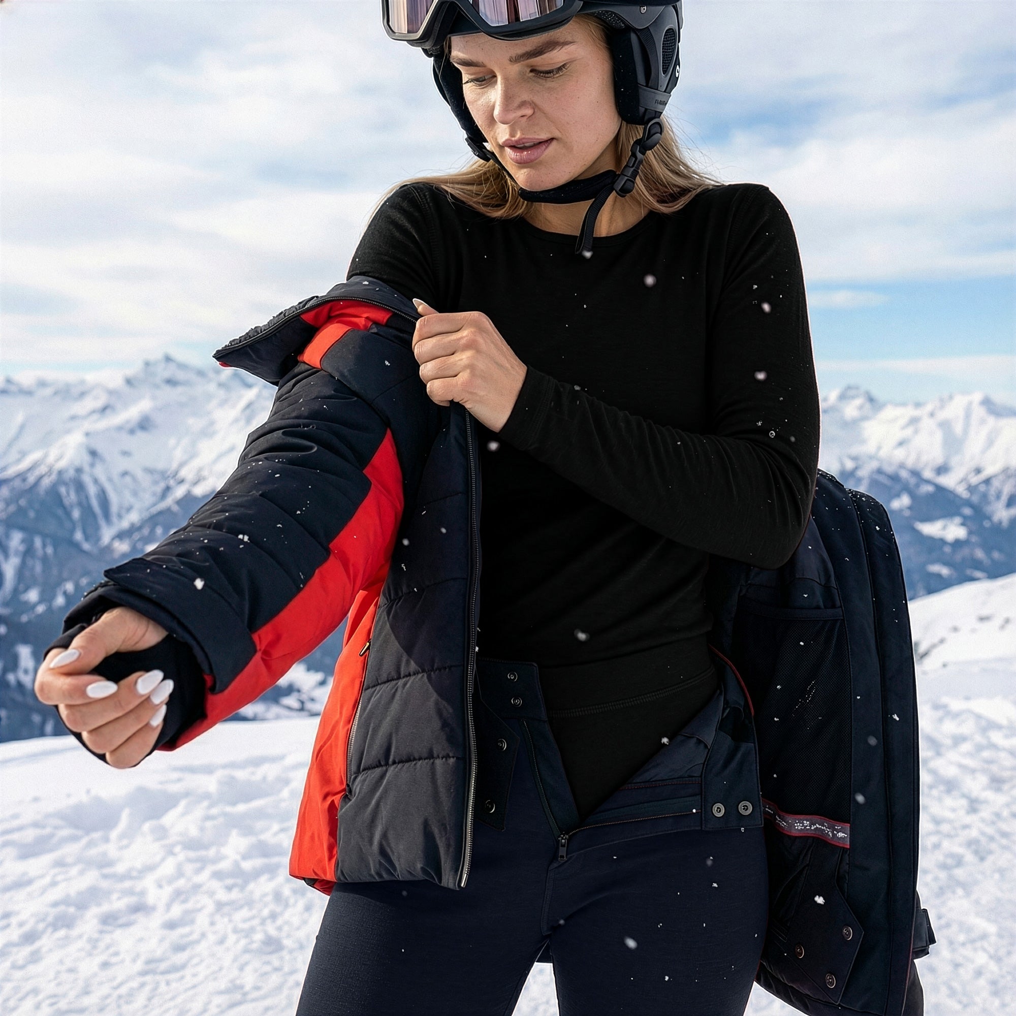 Woman wearing a black merino wool thermal base layer under a ski jacket in alpine conditions, emphasizing performance layering and cold-weather comfort.
