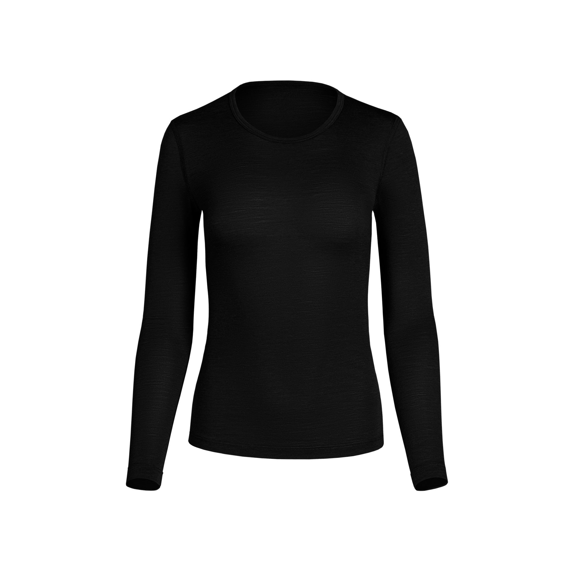 Black long-sleeve merino wool base layer top displayed on a white background, featuring a classic crew neckline, lightweight thermal fabric, and a streamlined silhouette ideal for layering in cold weather and year-round use.