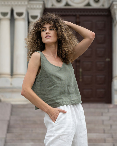 Linen Sleeveless Crop Top Ana Stone Green
