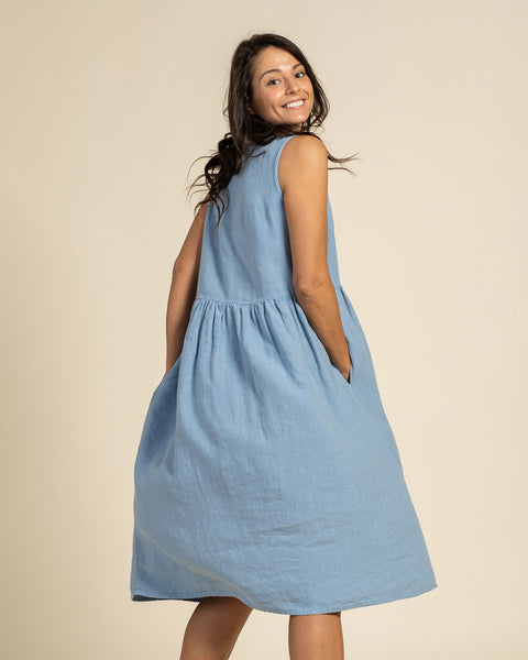 Linen Sleeveless Smock Dress Maya Cloudy Blue