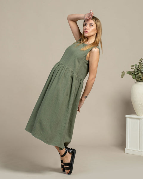 Linen Sleeveless Smock Dress Maya Stone Green