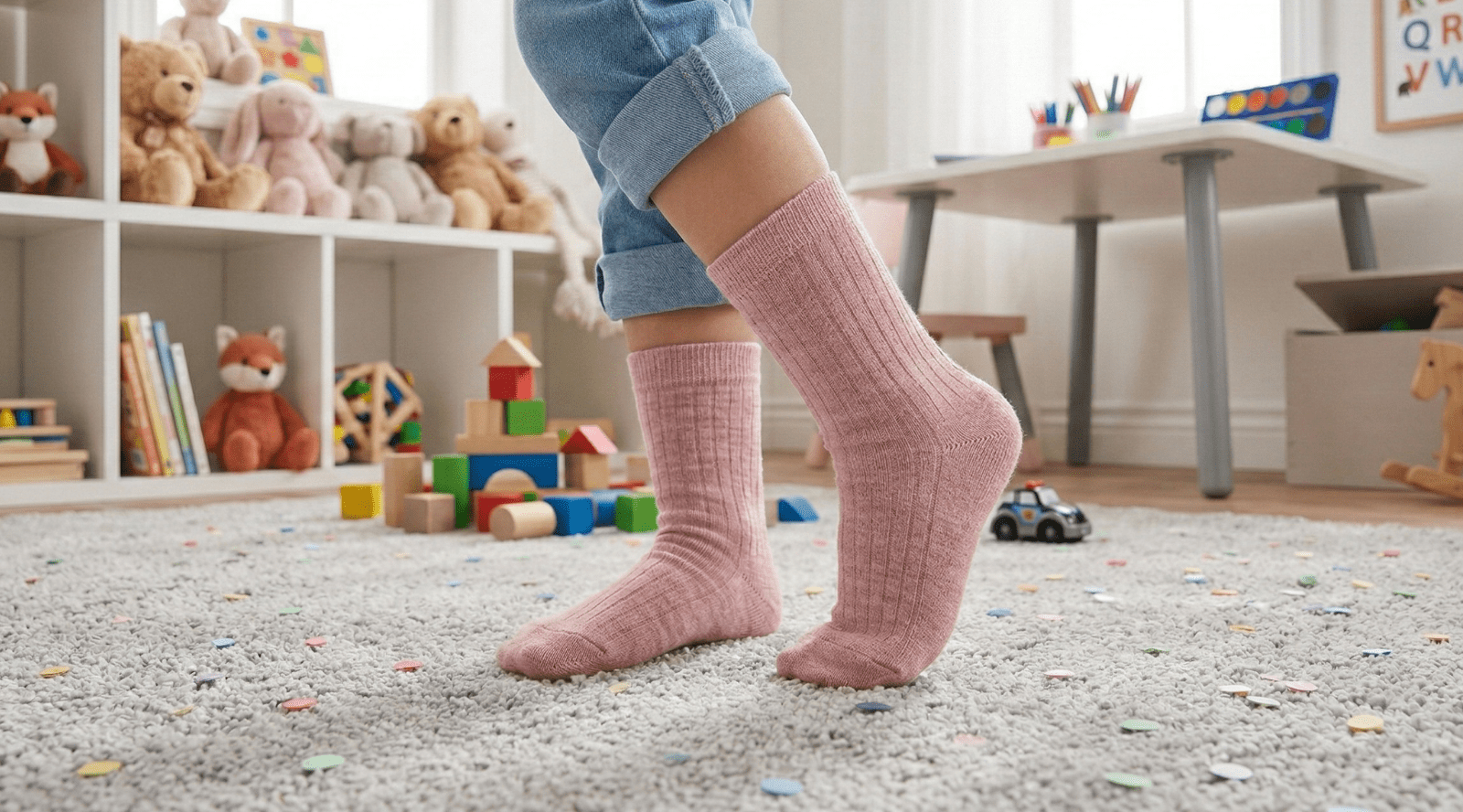 a child putting on merino wool slippers 