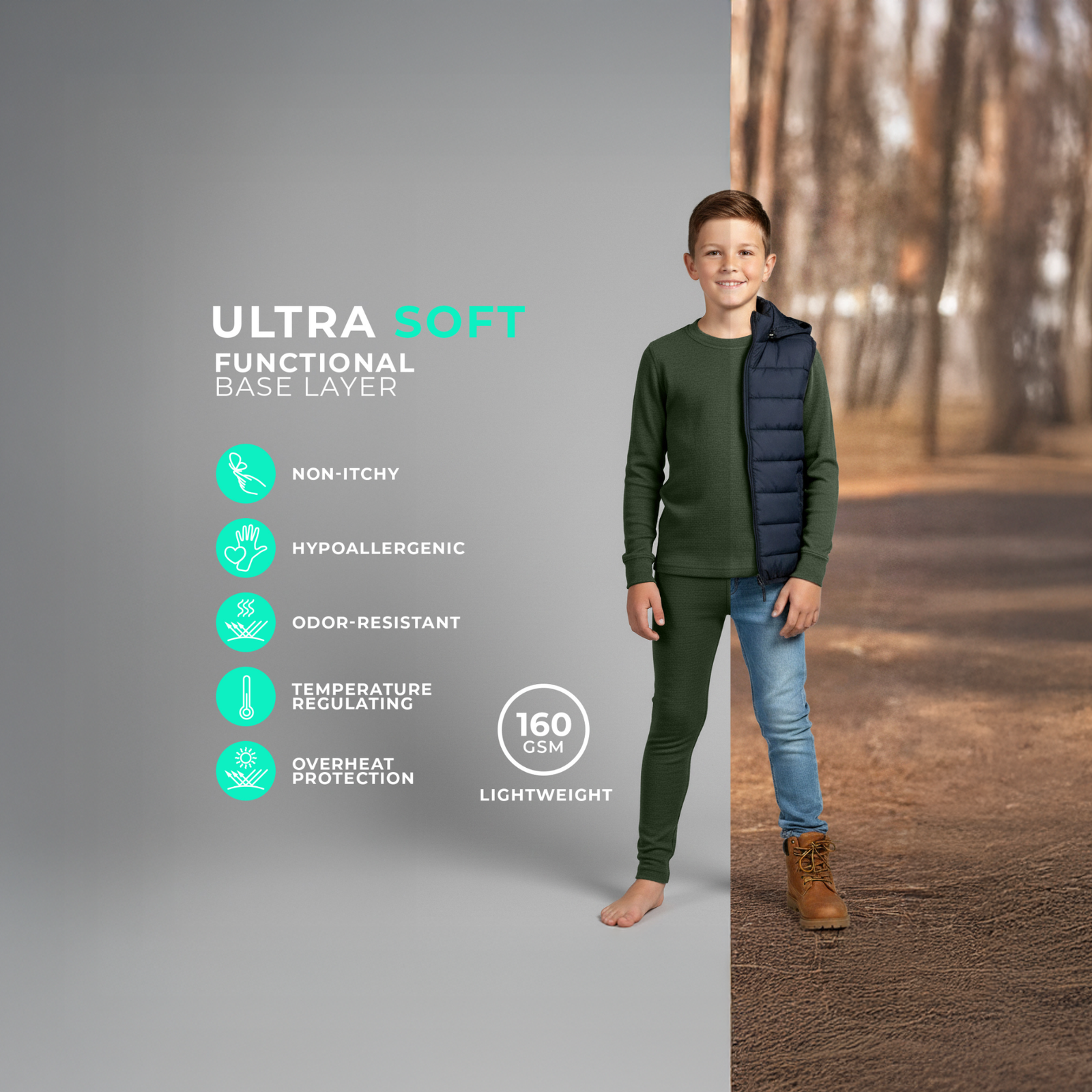 Kids' 160 Long Sleeve & Bottom 2-Piece Dark Green
