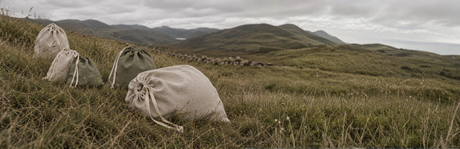 Five linen drawstring bags in natural beige and olive green resting on a grassy hillside under a cloudy sky.