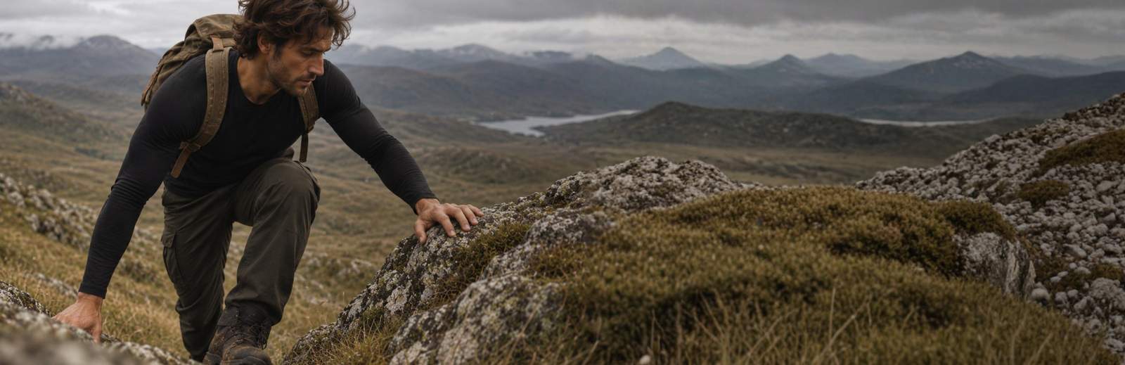 A man wearing a black long-sleeved shirt and a tan backpack climbs a steep, rocky hillside. The scene is set under a vast, moody sky with rolling hills and a distant lake visible.