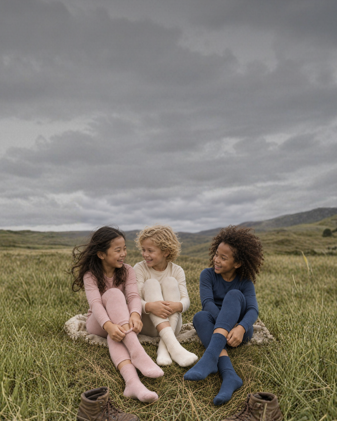 Three children wearing pastel thermal sets sit laughing together on a blanket in a grassy field. Overcast skies and rolling hills form the natural backdrop behind them.