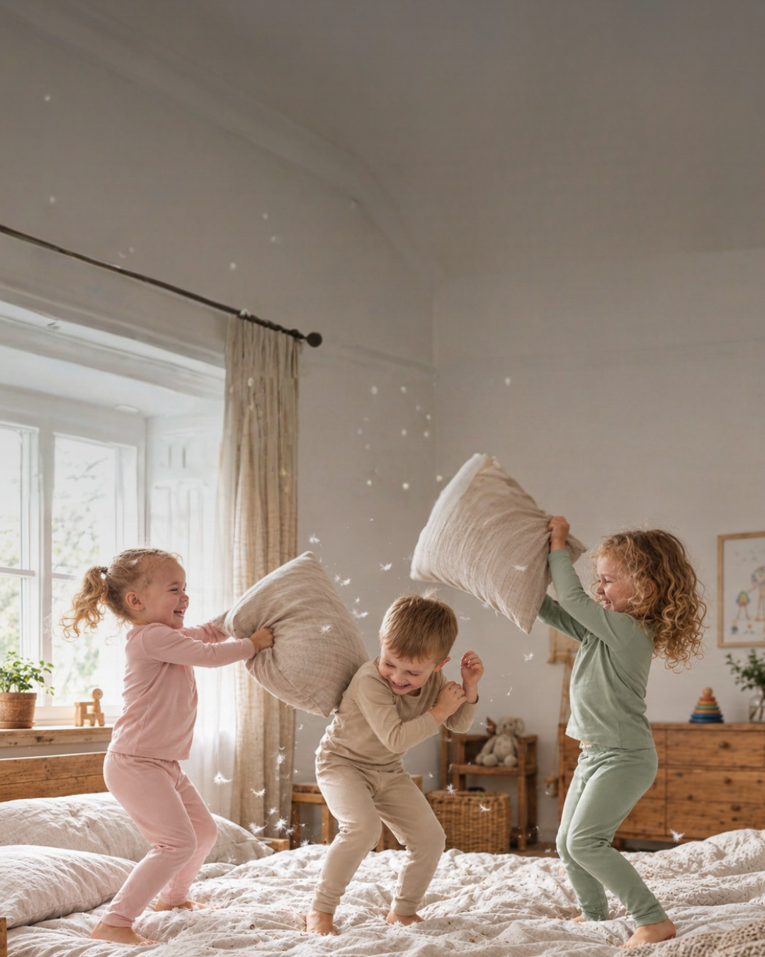 Three children wearing matching thermal outfits jump on a bed during a playful pillow fight. White feathers float through the air in the brightly lit, cozy bedroom.