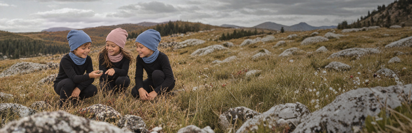 Three smiling children crouch in a field of dry grass to examine a small rock together. They are dressed in black thermal sets paired with blue and pink beanies and matching neck gaiters against a backdrop of rolling hills.