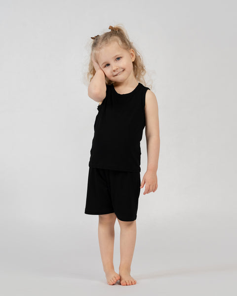 Kids bamboo sleeveless top and shorts set in black, soft breathable summer outfit.