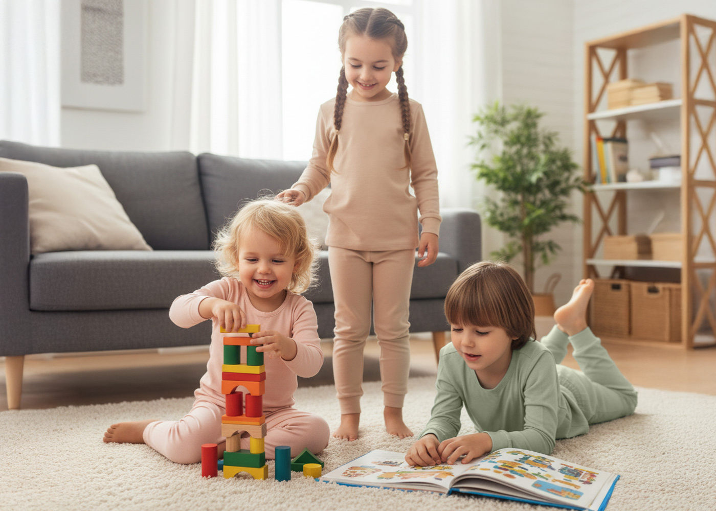 Three young children wearing bamboo pajamas playing with building blocks and reading a book in a cozy living room.