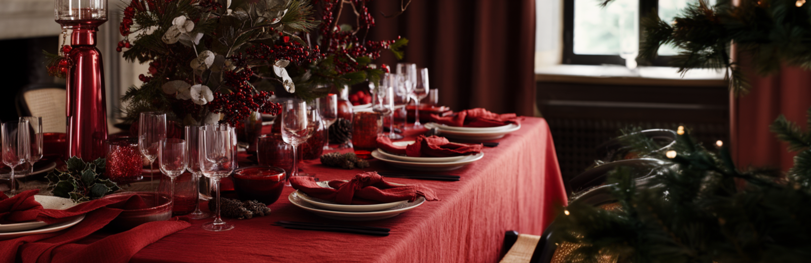 Versierde kersttafel met rood tafelkleed, borden en glazen.