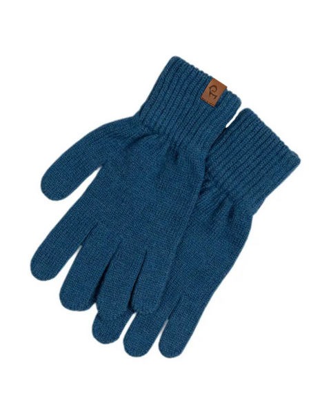 A pair of menique brand blue knit gloves with ribbed cuffs. A small, rectangular tan leather tag with the "menique" logo is visible on the cuff of the left glove. The gloves are laid flat against a white background.