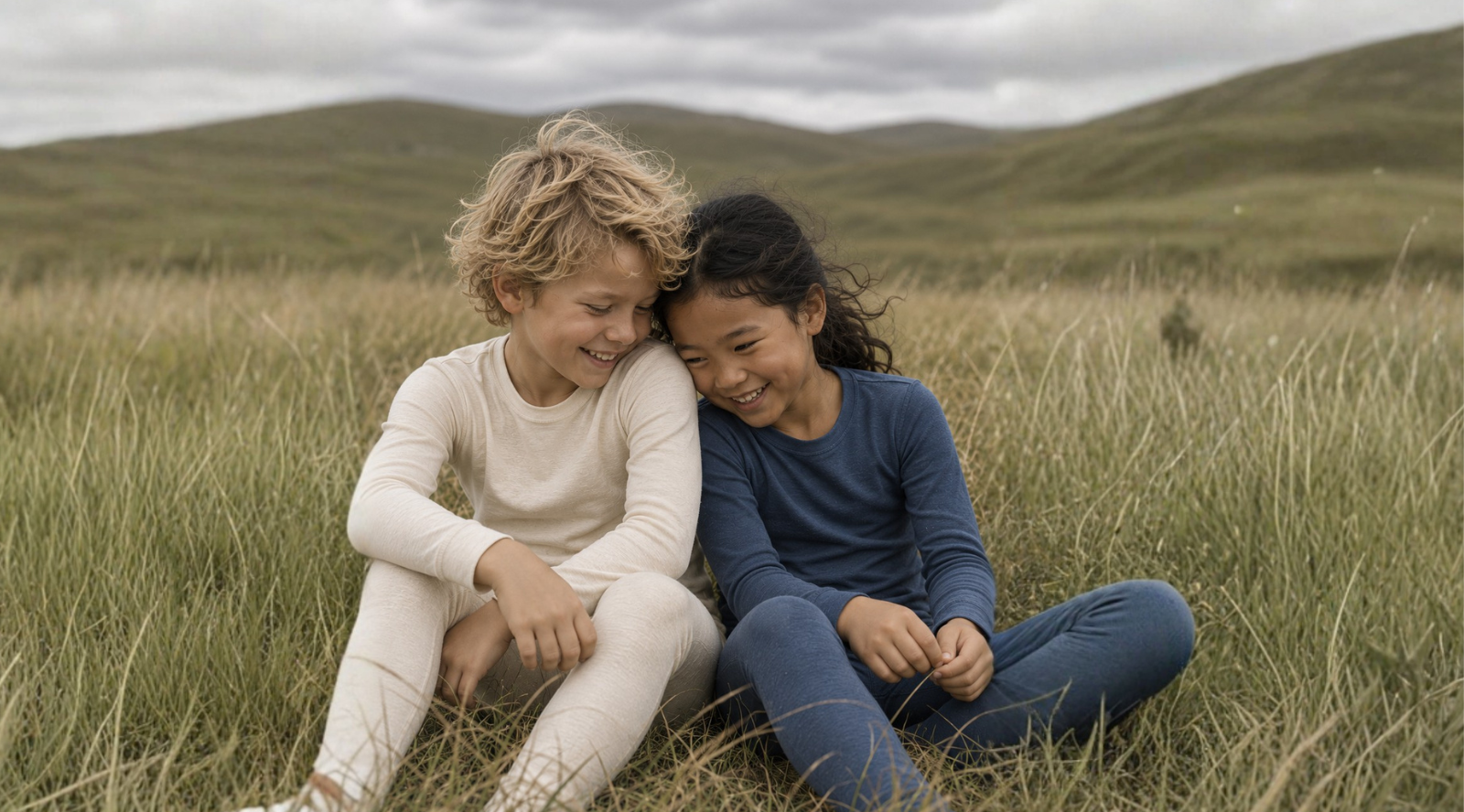 Two children sit close together in a grassy field, smiling and leaning their heads toward one another. They are wearing matching thermal long-sleeved tops and bottoms in cream and blue, set against a backdrop of rolling hills and a cloudy sky.