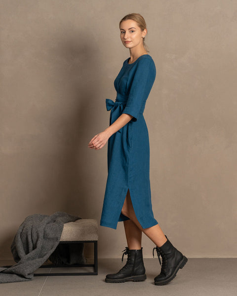 The menique women's linen wrap dress MILEY in cobalt blue color.