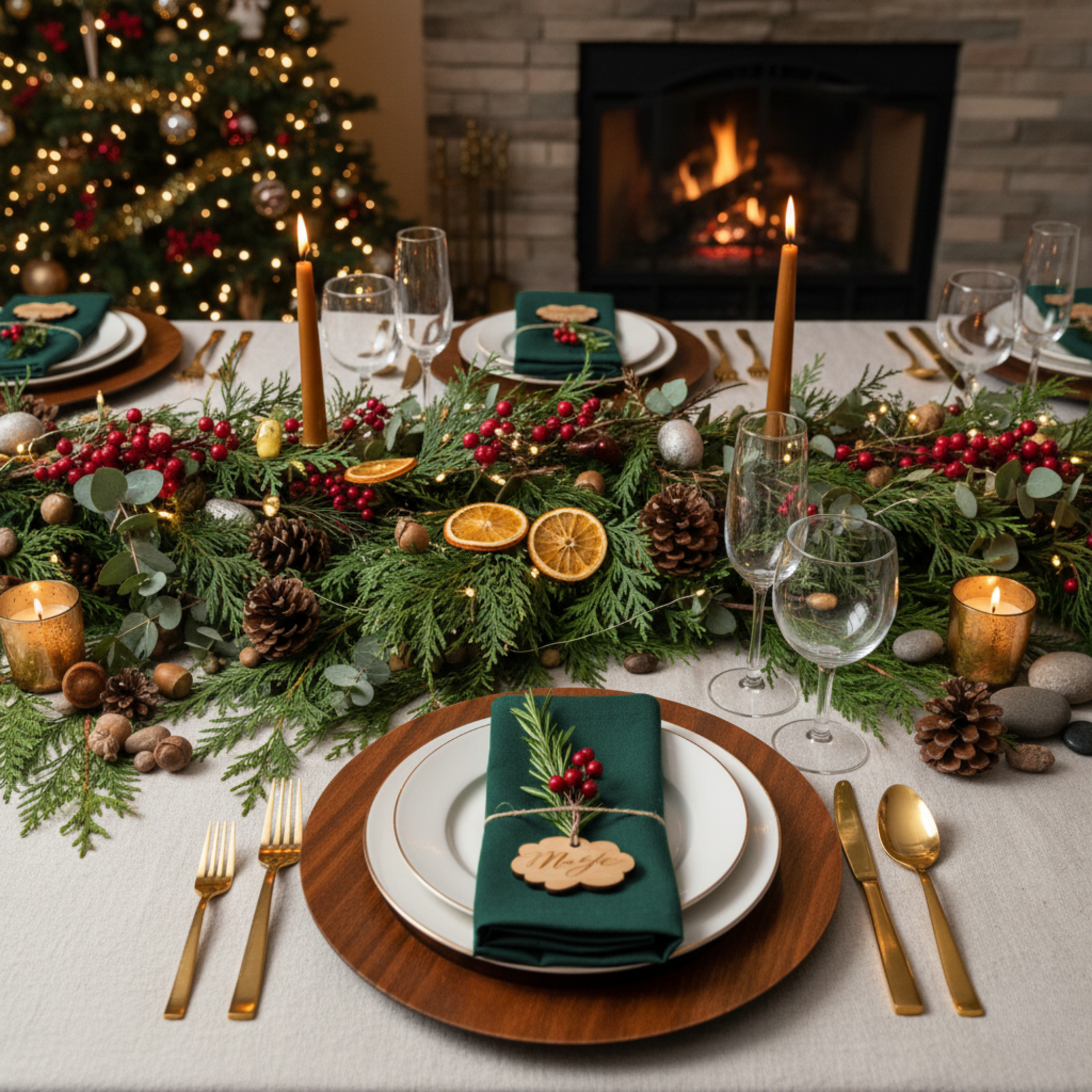 Elegante tafel met natuurlijk linnen tafellaken en linnen servet, kobaltblauwe tafelloper.