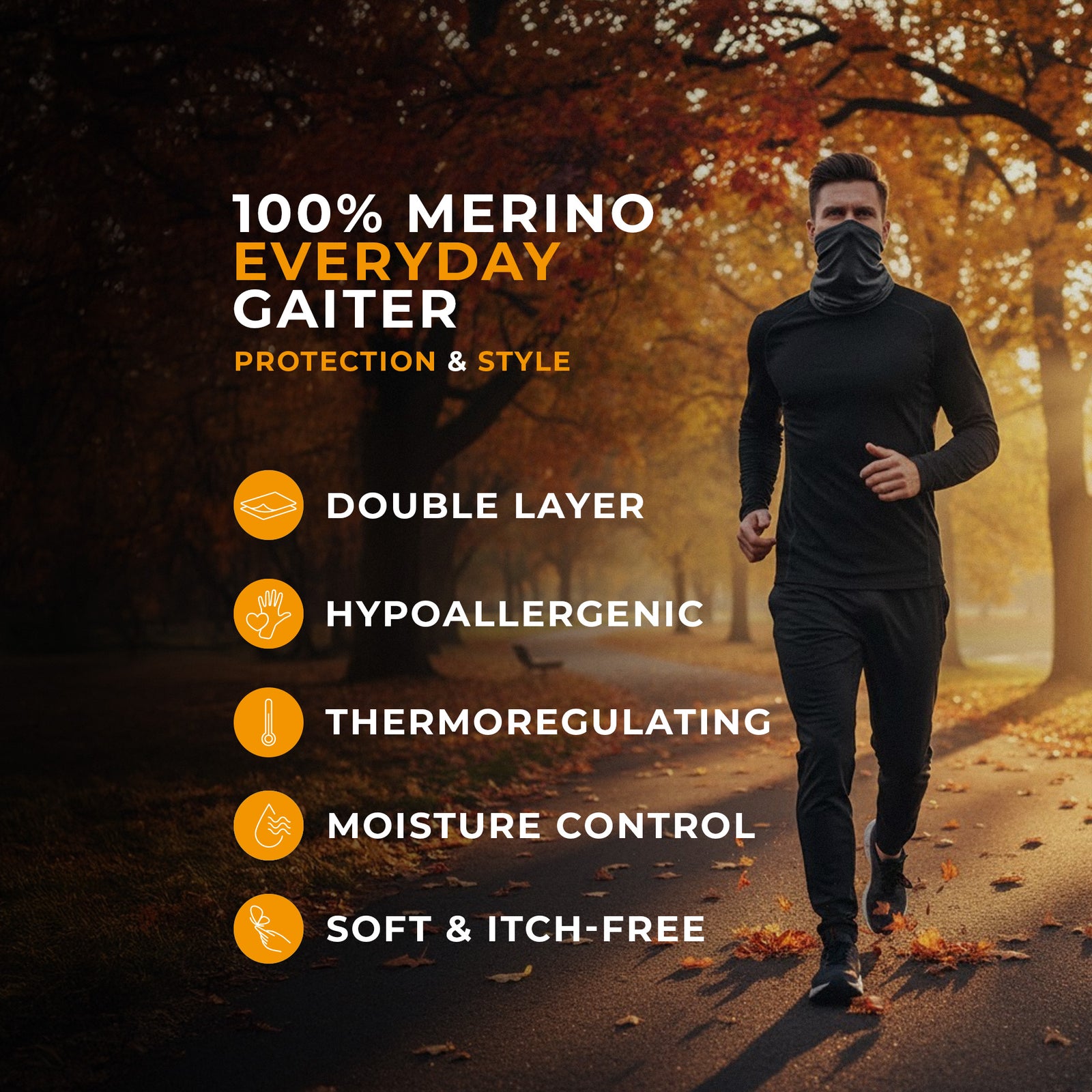 A man wearing the menique unisex neck gaiter in perfect gray color. He is outside, dressed in a long sleeve merino top in dark blue color.