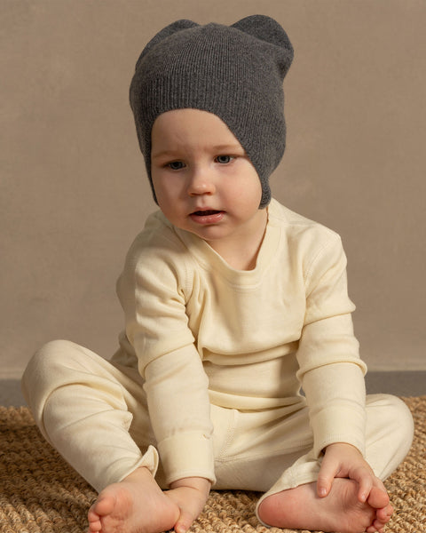 Knitted cashmere ear flap beanie dark gray color