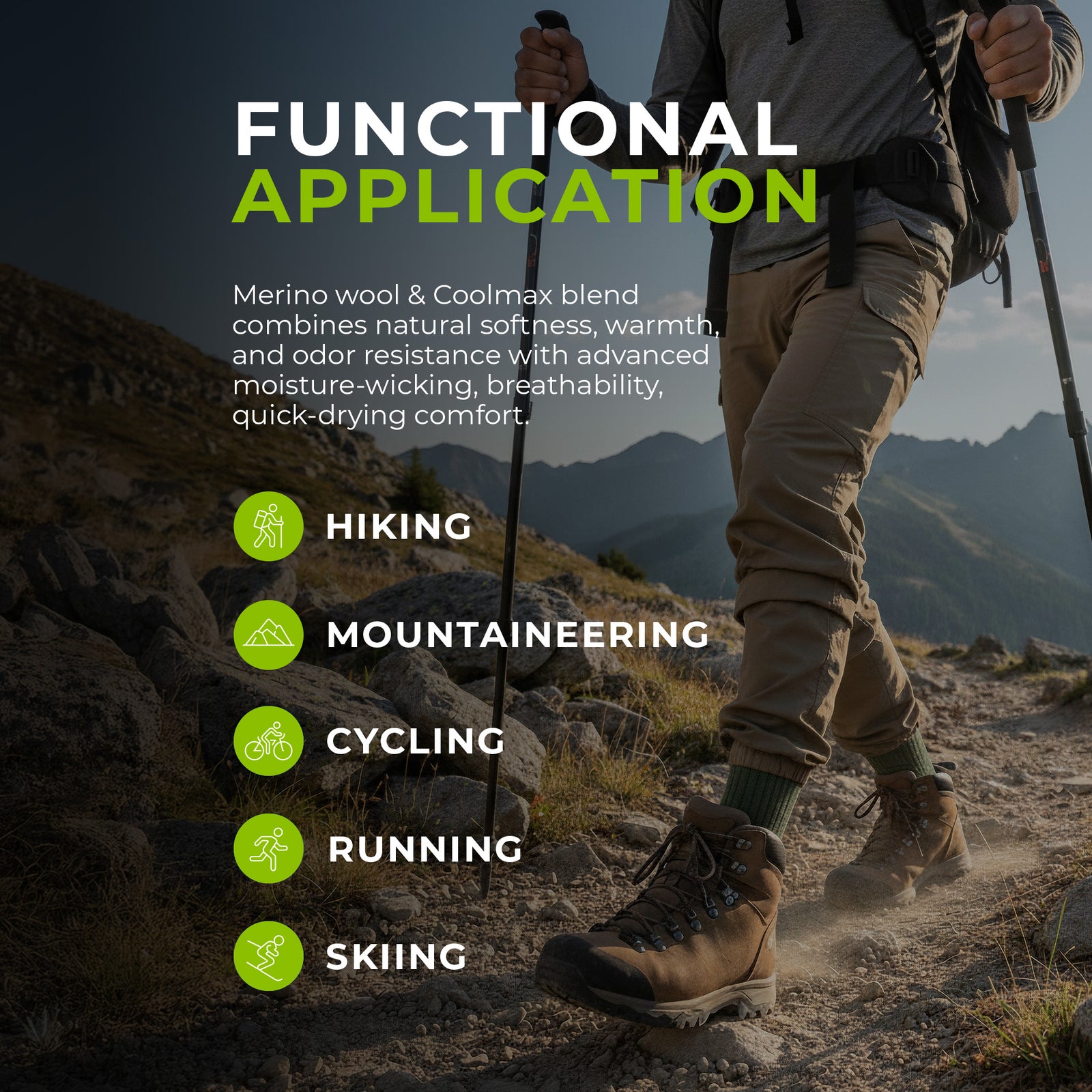 Front view of hiker wearing green ribbed Merino hiking socks with hiking boots, standing on a rock overlooking mountains and lake.