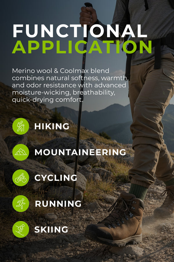 Person hiking with mountain backdrop, featuring text on functional applications and activities.