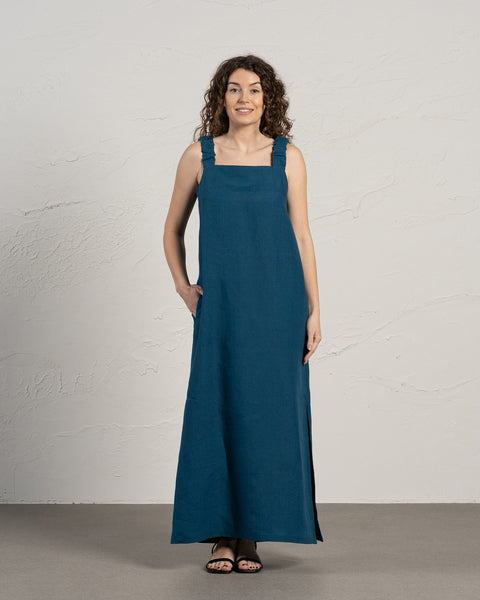 Linen Maxi Pinafore Dress Fiona Cobalt Blue