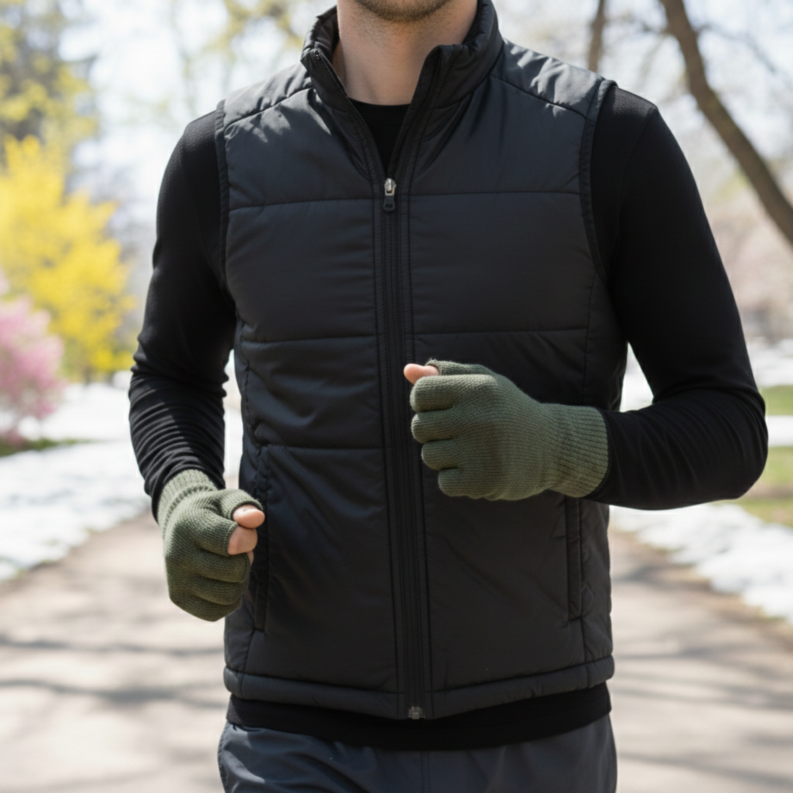 Runner wearing green gloves and a black vest while jogging outdoors.