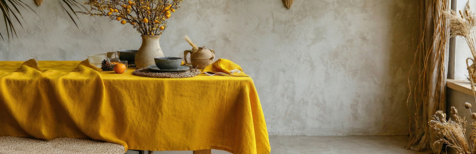 Dining table covered with a mustard yellow linen tablecloth, decorated with ceramic tableware, dried branches with yellow accents, and natural textures, showcasing warm, earthy home textile styling.