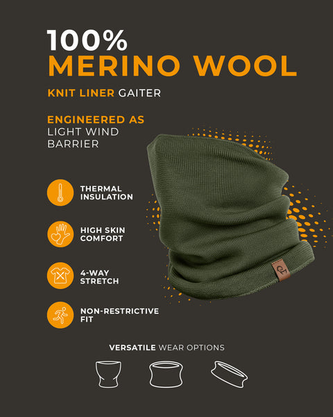 Green 100% merino wool knit liner gaiter shown folded, highlighting lightweight wind protection, thermal insulation, four-way stretch, and non-restrictive fit for versatile cold-weather wear.