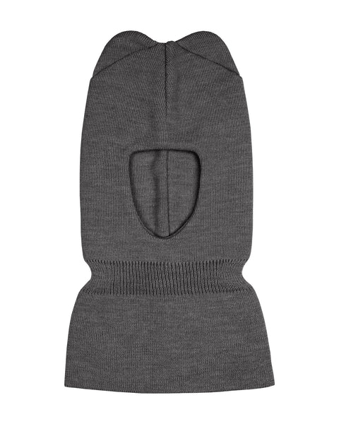 The menique kids' knit merino balaclava with ears in dark gray color, in a white background.