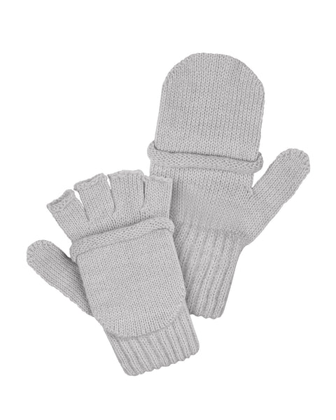 The menique kids' convertible merino gloves in light gray color. They are in a white background. One side has a convertible flap, and the other shows the hollow fingertips.