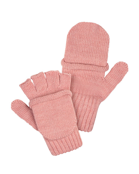 The menique kids' convertible merino gloves in pink color. They are in a white background. One side has a convertible flap, and the other shows the hollow fingertips.