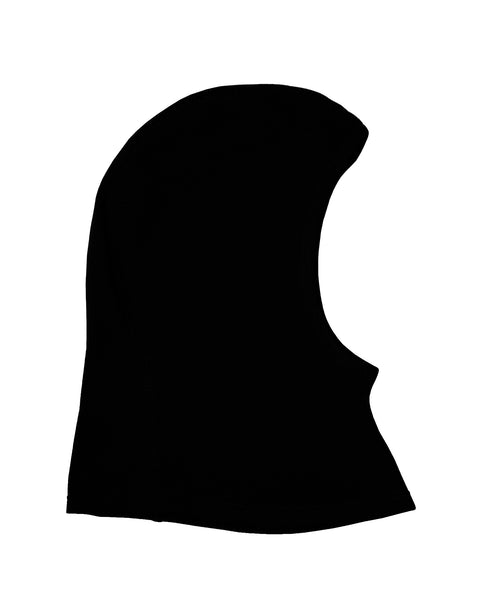 Side-profile product shot of a fitted black knit balaclava hood on a plain white backdrop.